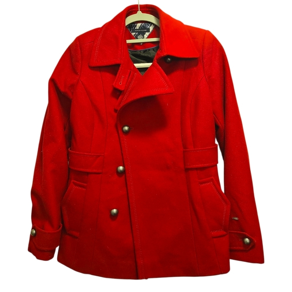 Tommy Hilfiger Vibrant Red Pea Coat Wool Blend Jacket